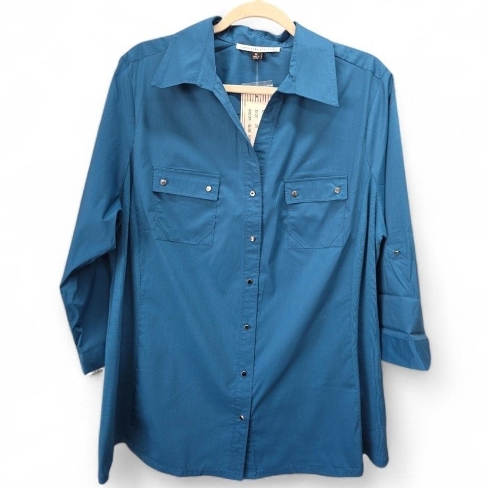 Lifestyle Attitude Blue Button Up Shirt 2X NWT Stretched Utility Top Roll Tab